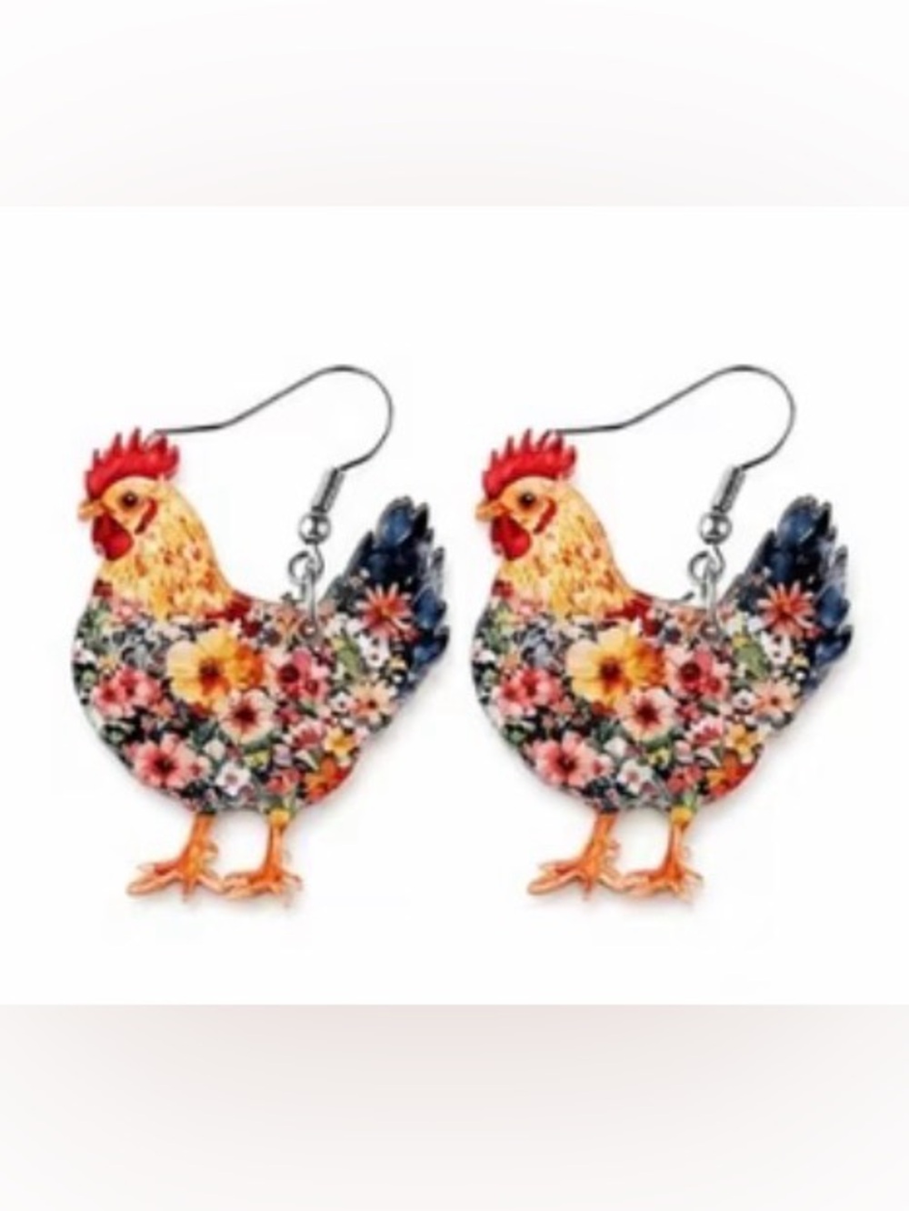 Dark blue Floral Hen Dangle Earrings - Multicolor Chicken Design